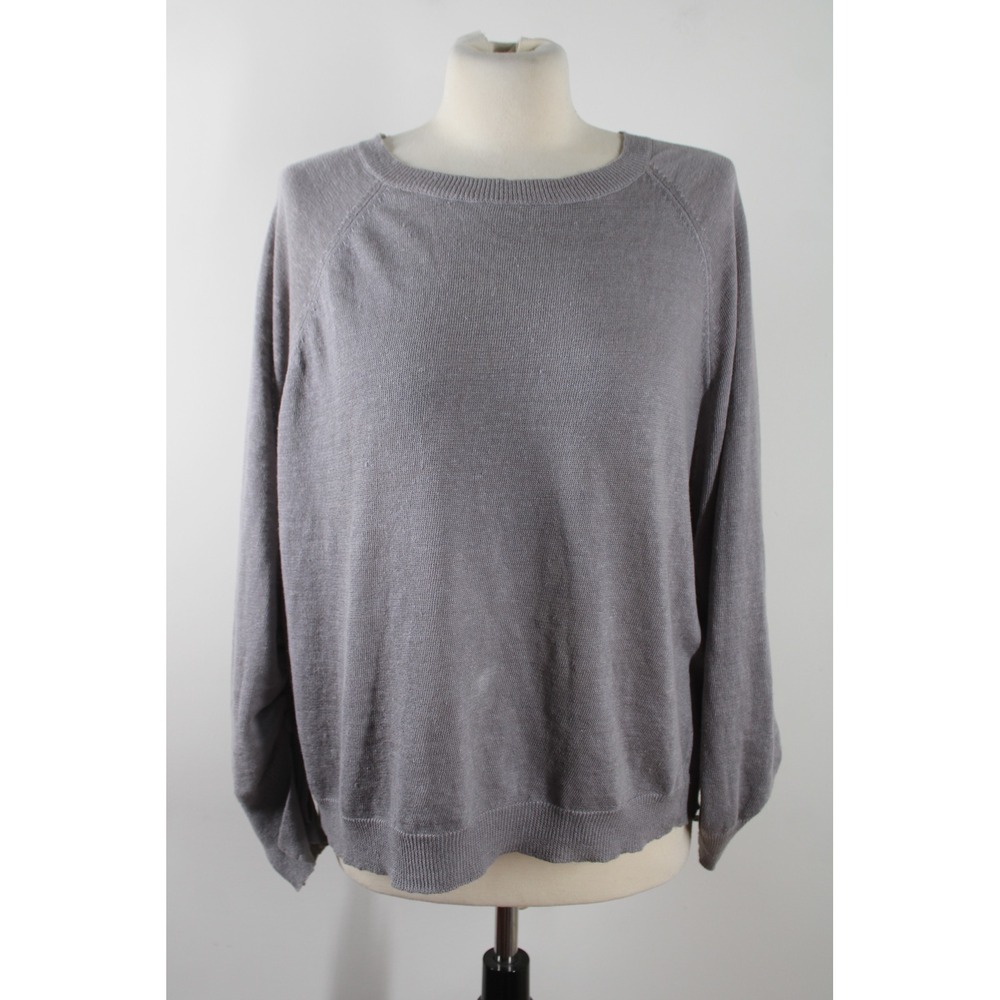 Neely S Gray Linen Knit Sweater Raglan Side Tie Cinched Sleeve Pullover Top